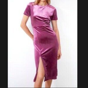 NWT - Zara - Black Fitted Midi Velvet Dress with Slit - Size Medium